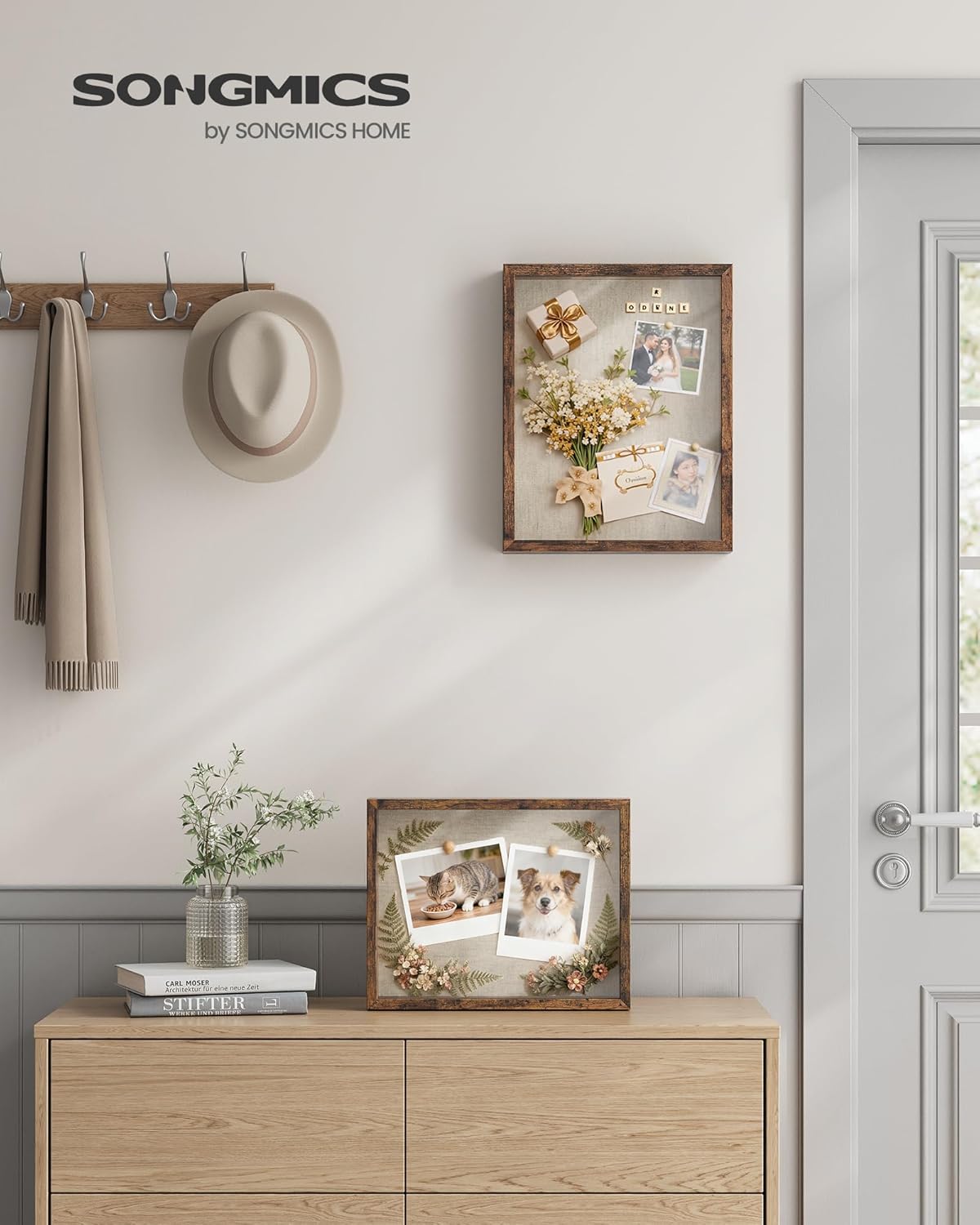 SONGMICS 11x14 Shadow Box Frame, Top Loading Display Case Frame , Glass Front with Top Slot and Push Pins, Linen Fabric