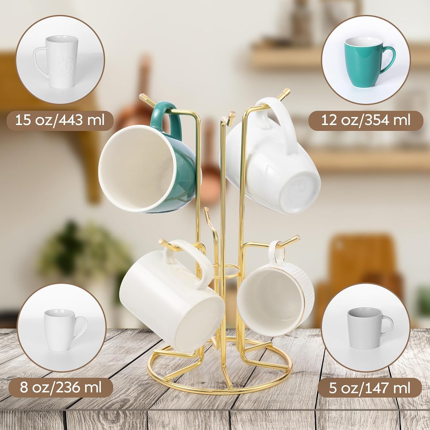 HULISEN Mug Tree for Large Cups, 6 Hook Countertop Coffee Mug Holder, Gold | Cup Rack for Counter, Stable Wide Base