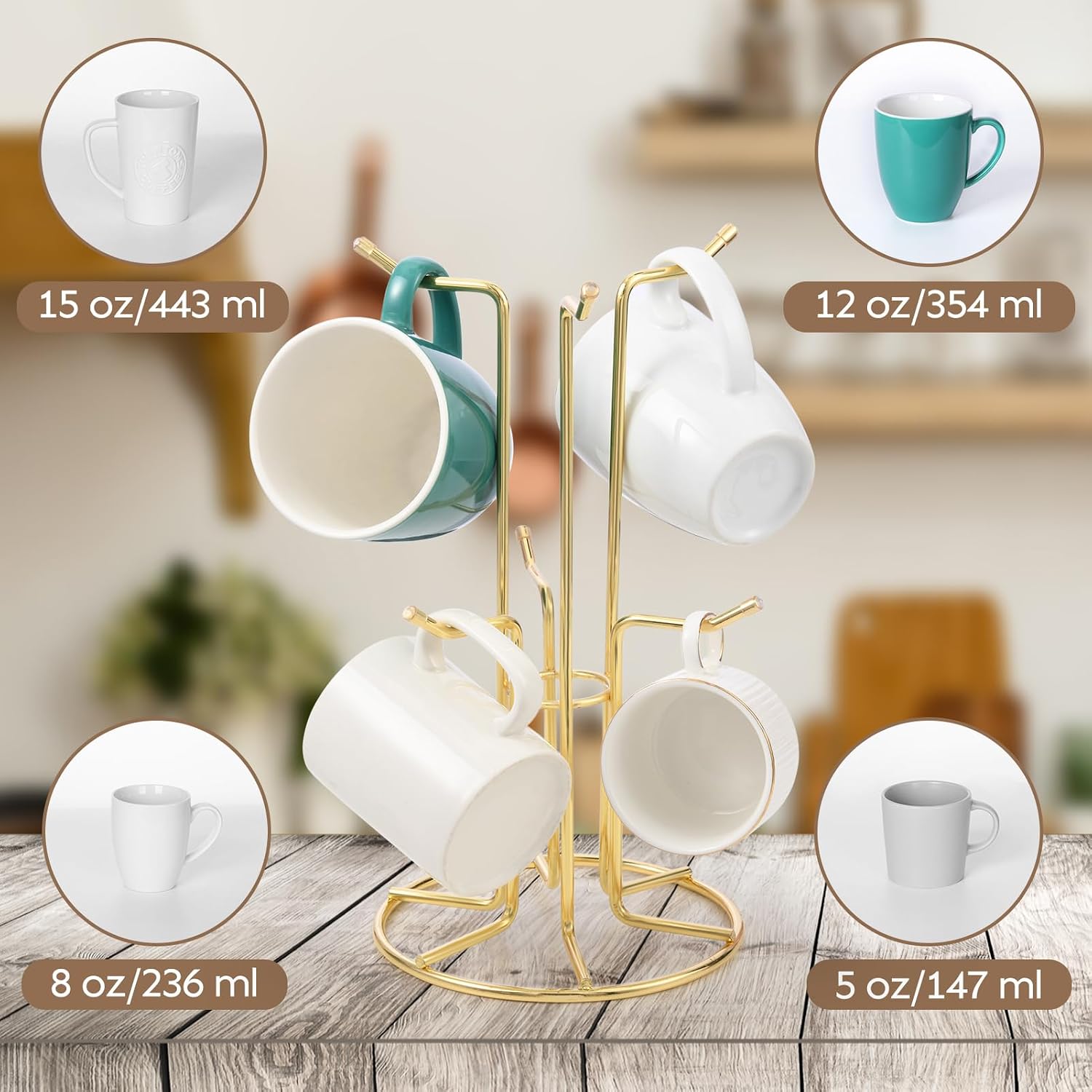 HULISEN Mug Tree for Large Cups, 6 Hook Countertop Coffee Mug Holder, Gold | Cup Rack for Counter, Stable Wide Base