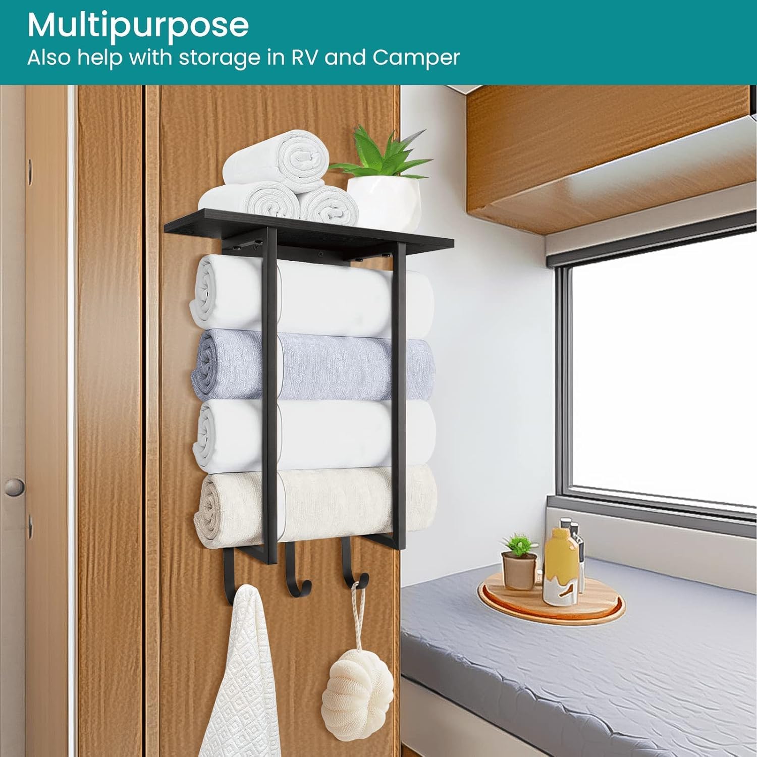 ELITEROO Towel Holder for Bathroom Wall, Wooden Towel Rack Shelf | Hanging Towel Organizer with 3 Hooks for Small