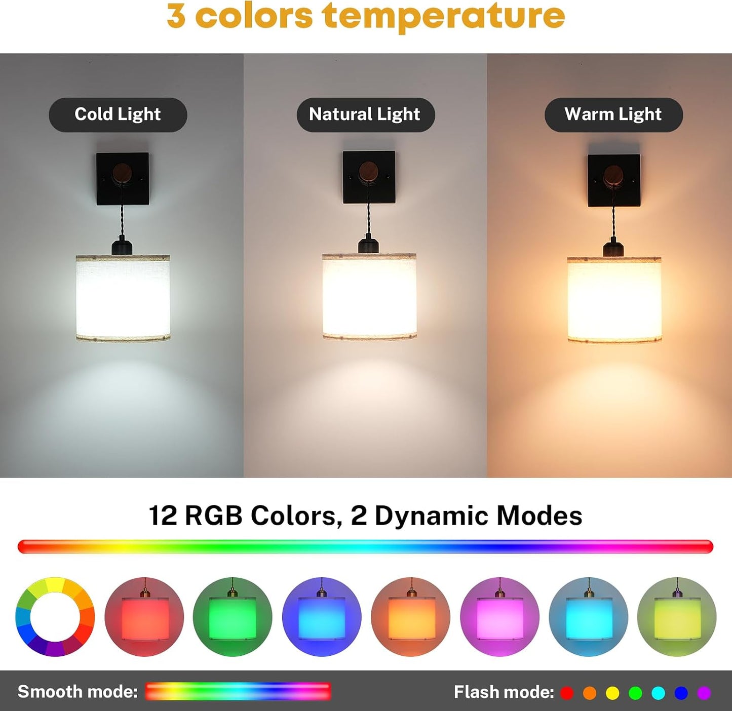 Battery Operated Wall Sconces Set of 2, 8000mAh Rechargeable Sconce RGB 15 Colors Dimmable Wall Sconce Wireless Battery