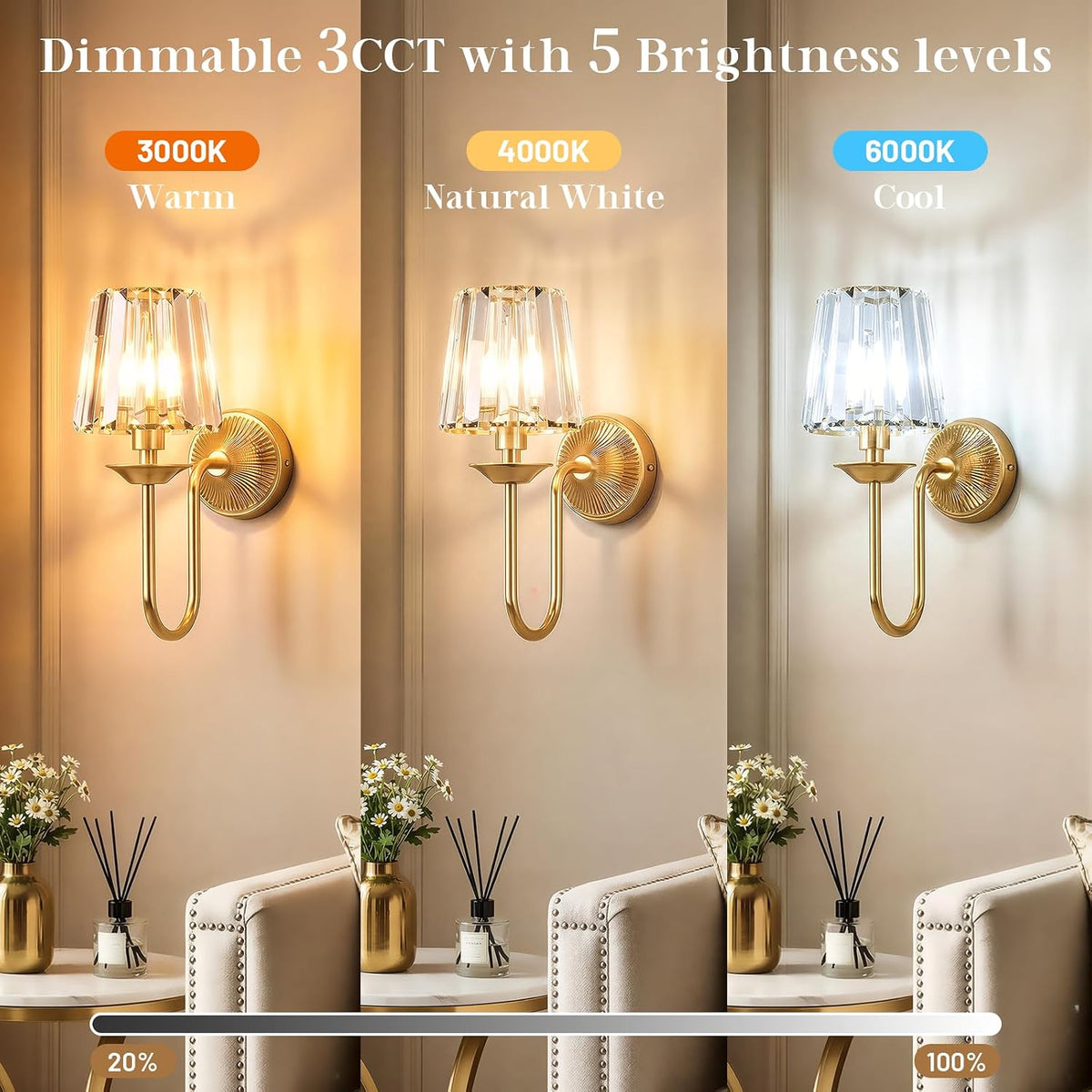 Gold Battery Operated Wall Sconces Set of Two, Crystal Wireless Rechargeable Wall Lights with Remote, Dimmable 3 CCT