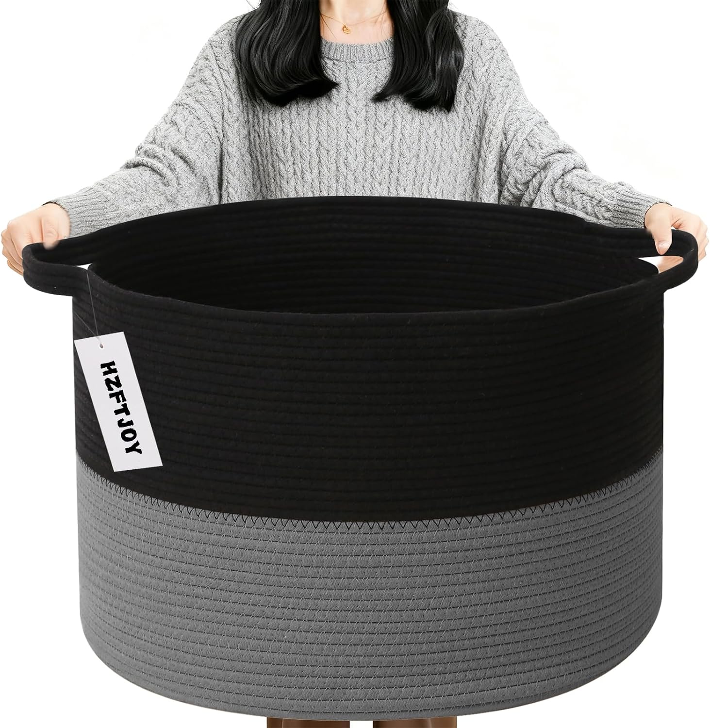 90L Extra Large Blanket Basket,Woven Laundry Basket-Black&Dark Grey