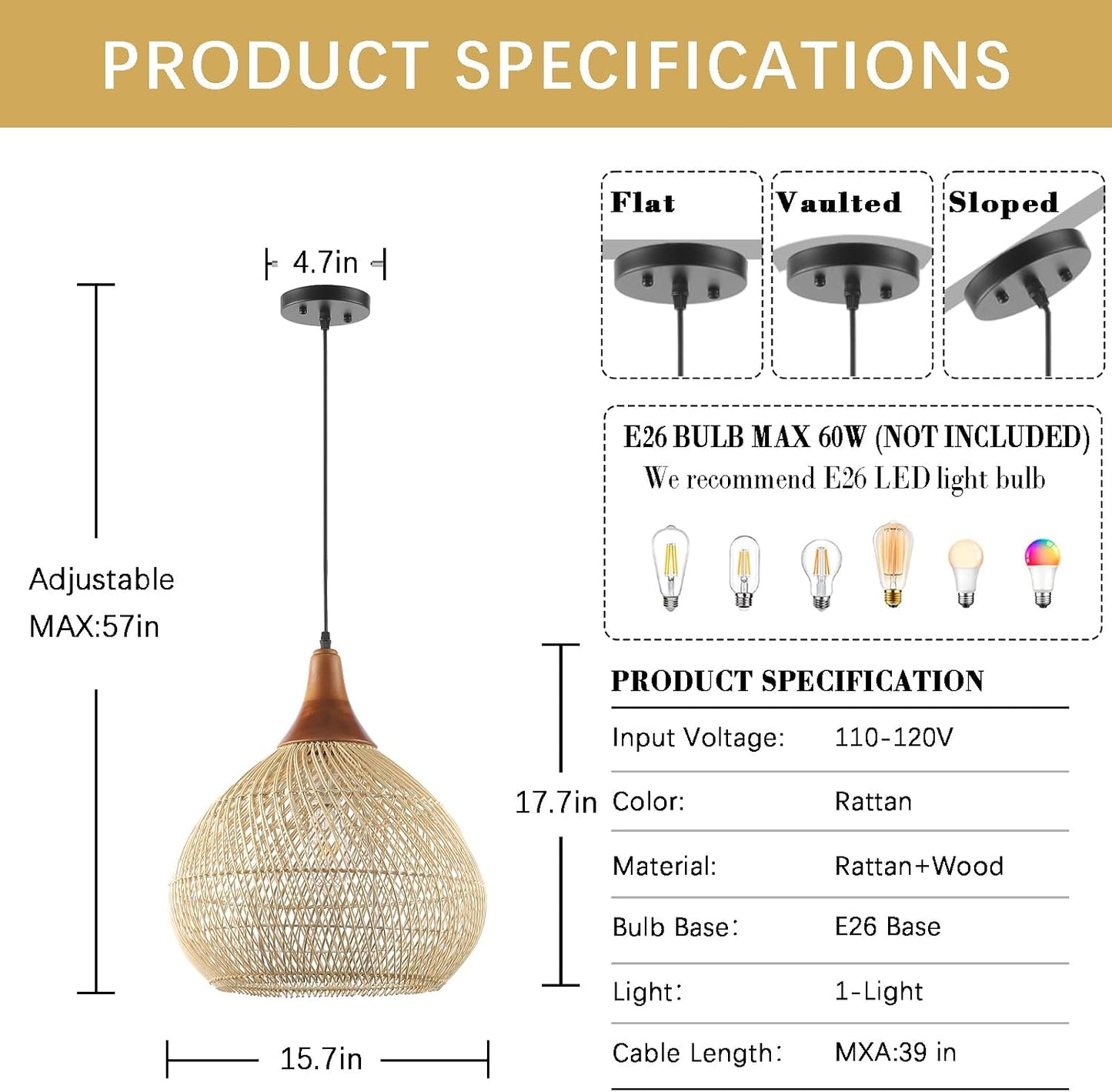 Basket Wicker / Rattan Pendant Light / Wood + Rattan / Raindrop / D 16", Large