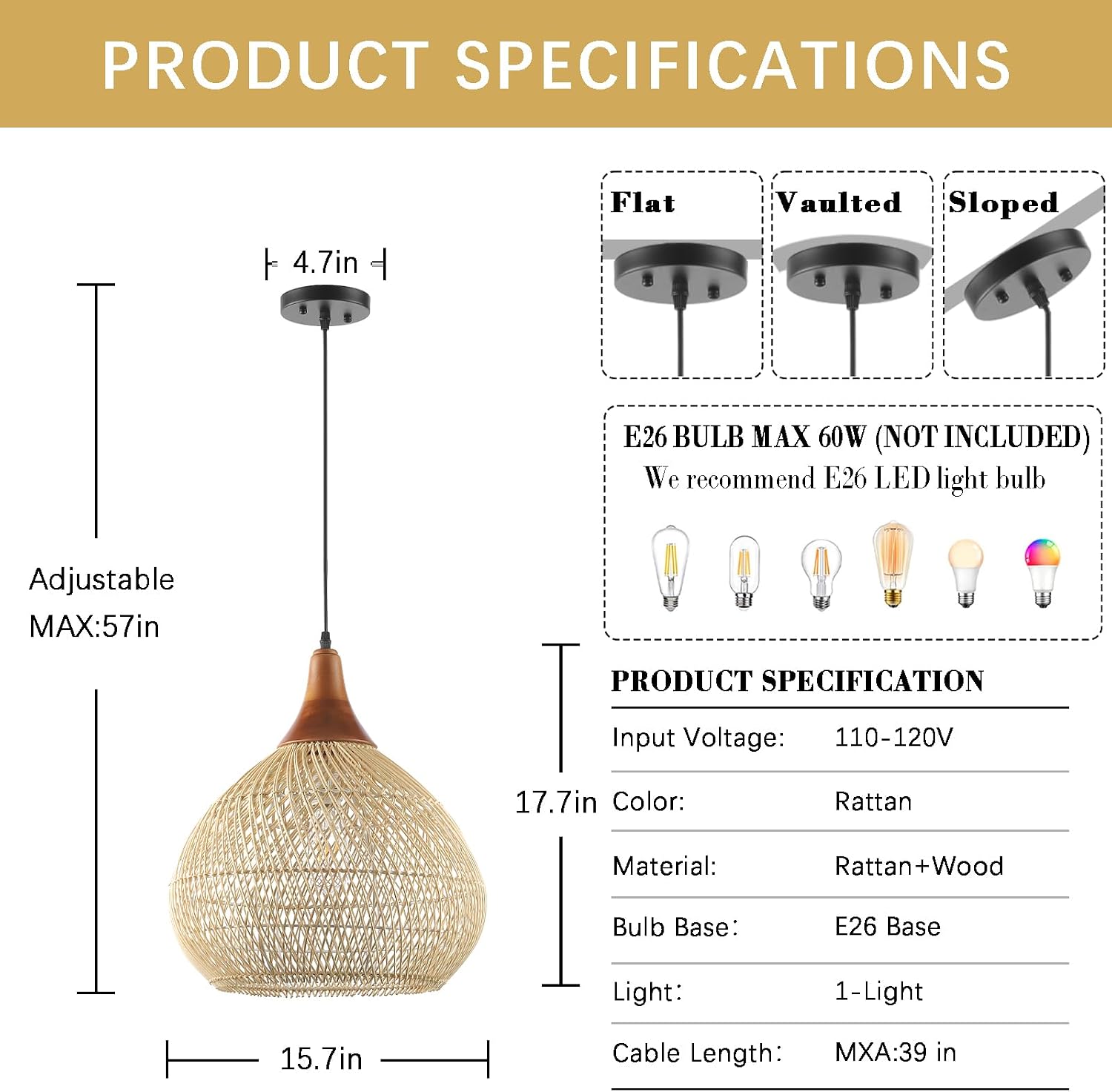 Basket Wicker / Rattan Pendant Light / Wood + Rattan / Raindrop / D 16", Large