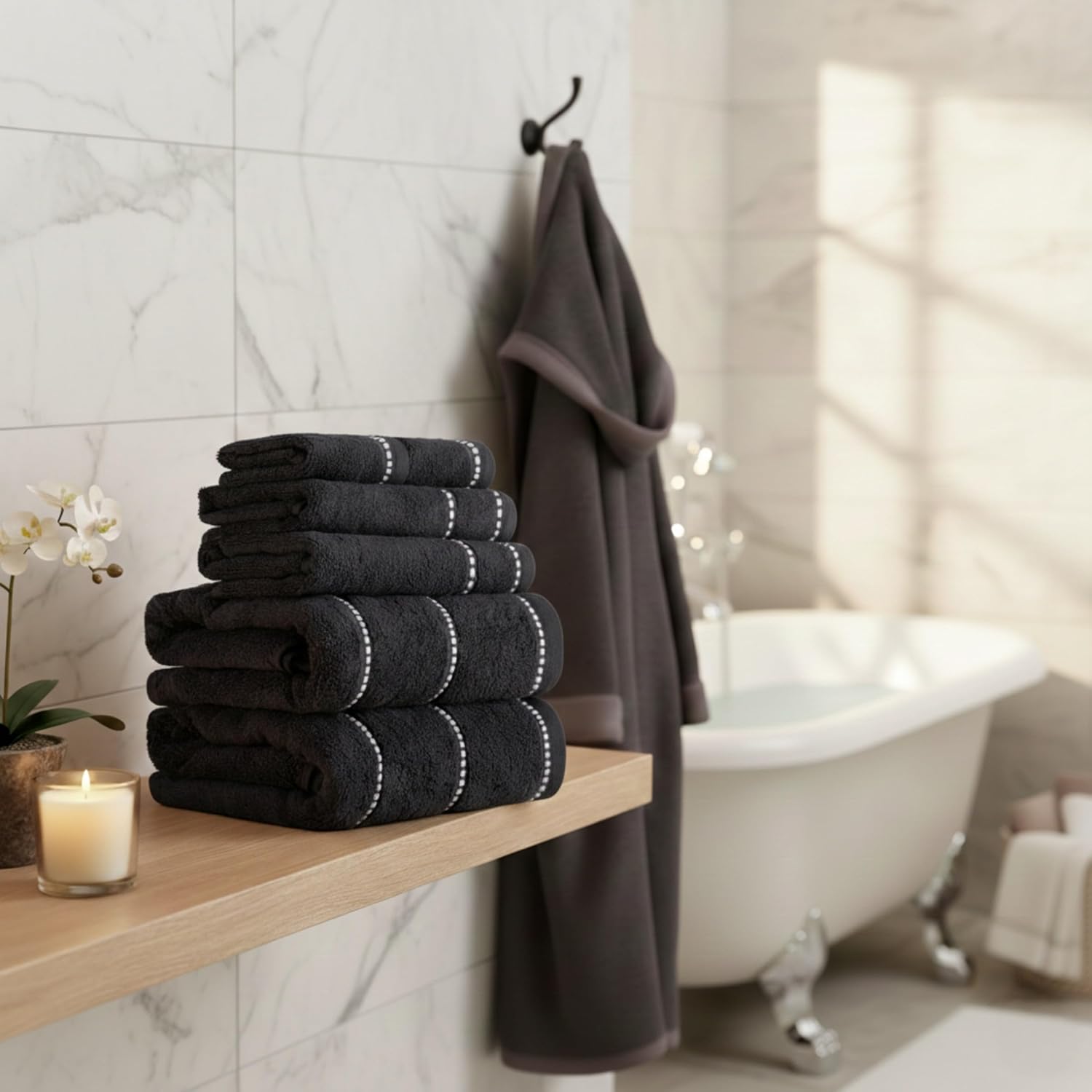 Lavish Home Bathroom Towels Set, Bathroom Accessories, Black, Set of 6 | Includes 2 Bath Sheets, 2 Hand Towels, and 2