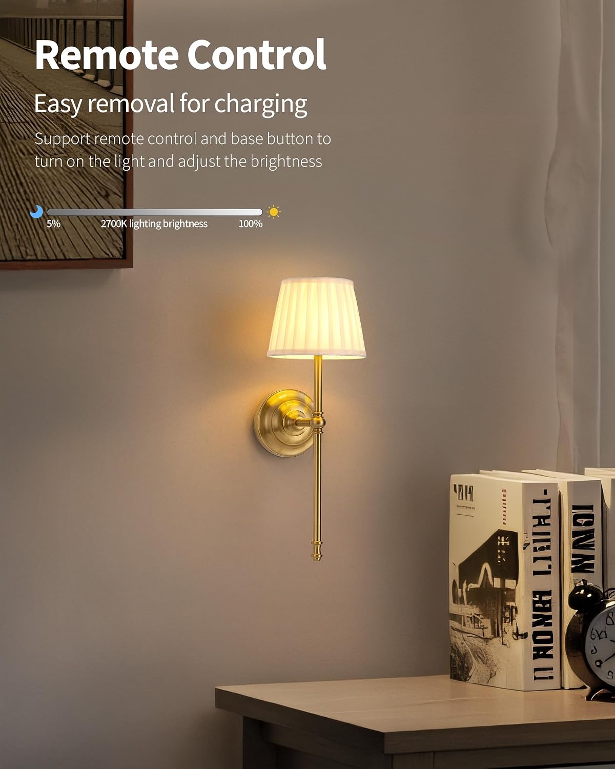 KDG Gold Cordless Wall Sconces Set of 2, Beige Fabric LED Wall Lamps | Wireless Small Rechargeable Battery, Portable