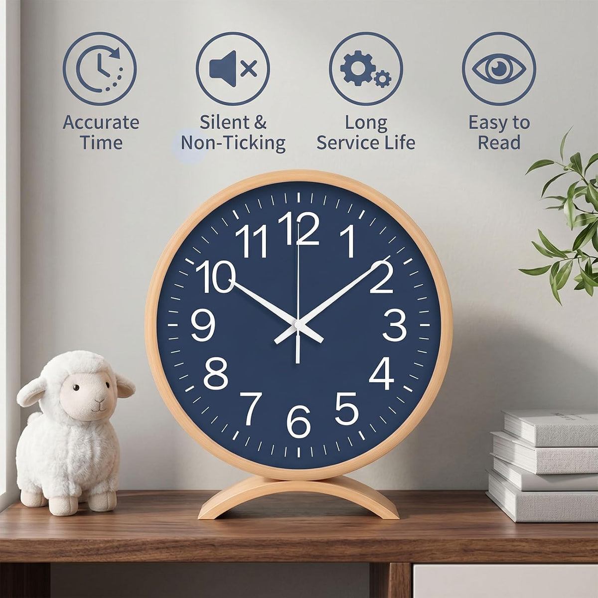Maxspace Table Clock-8 Inch Silent Non-Ticking Wooden Timepiece Desk Clock, Battery Operated Decor Round Clock for
