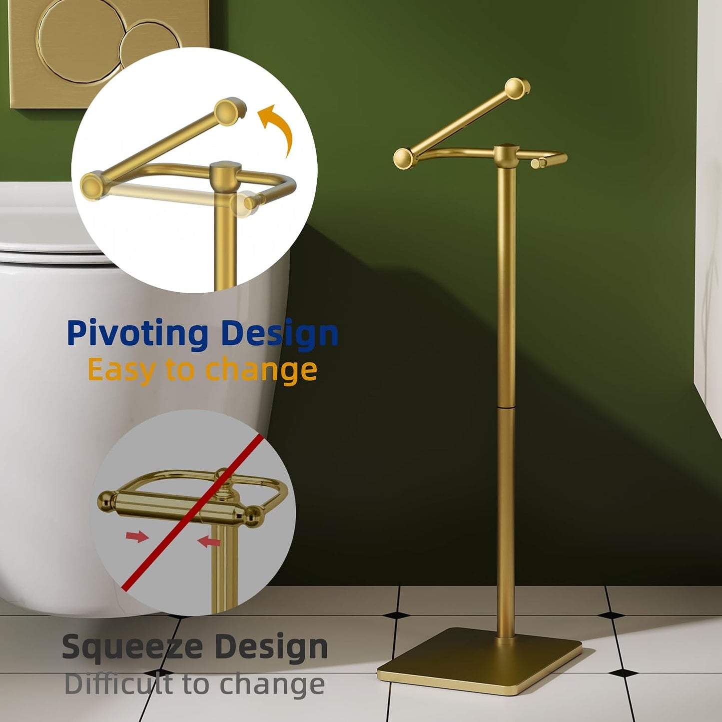 RUACQ Bathroom Toilet Paper Holder Stand, Brushed Gold | Dual-Post Pivoting Free Standing Toilet Roll Holder with