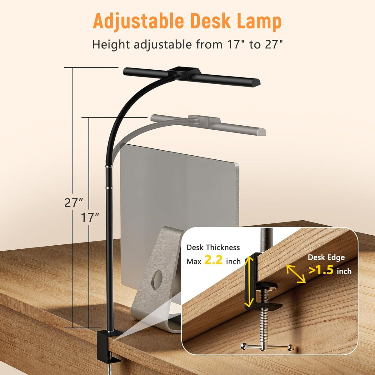 LED Desk Lamp for Home Office, Flexible Gooseneck Desk Lamp with Clamp, 5 Color Touch Control Stepless Dimming