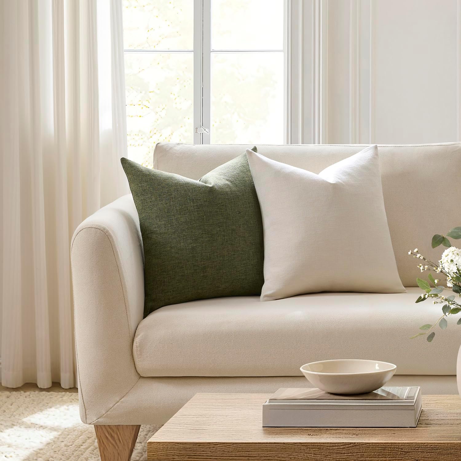 Modern Farmhouse Linen Blend Decorative Pillow Covers / Dark Moss Green / 18 x 18 / Set of 2