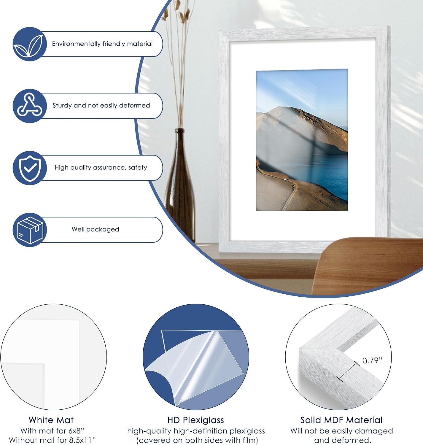 8x10 Picture Frame Set of 6, Wall or Tabletop Display, Silver | Display Pictures 5x7 with Mat or 8x10 Without Mat