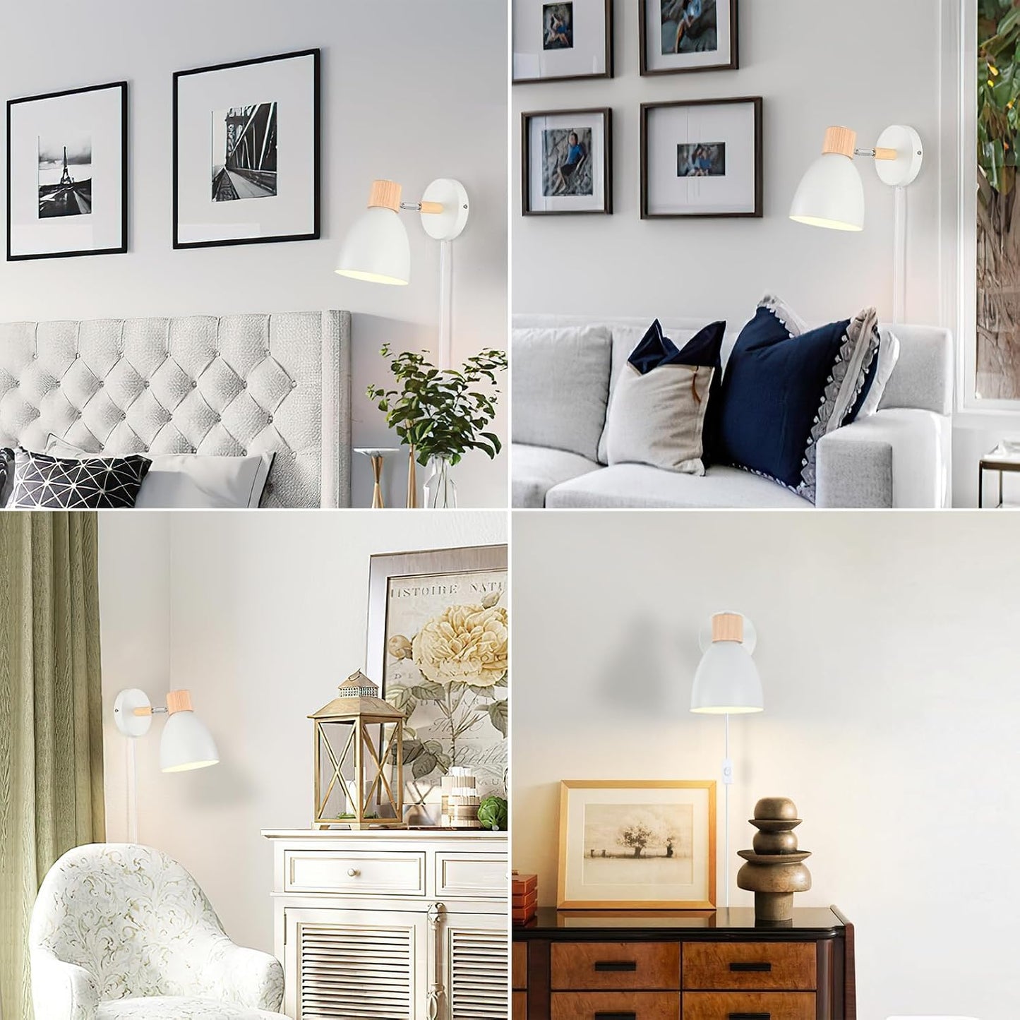 Wall Sconces Plug in, Swing Arm Wall Lamp with Power Cord, White Plug in Wall Lighting Fixtures Set of Two, Bedside