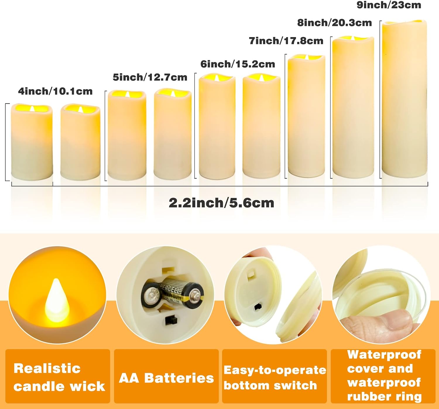 YIWER Waterproof Flameless Candles, Outdoor Battery Operated LED Pillars Candles, Electric Fake Candle Set of 9 with