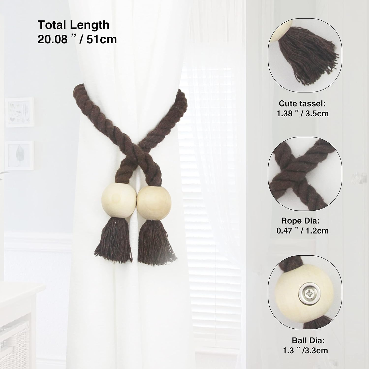 Magnetic Curtain Tiebacks Decorative Tie Back Drapes Holdbacks Nieffeiy | 6 Pack Coffee Cotton Hand Woven Rope Curtain