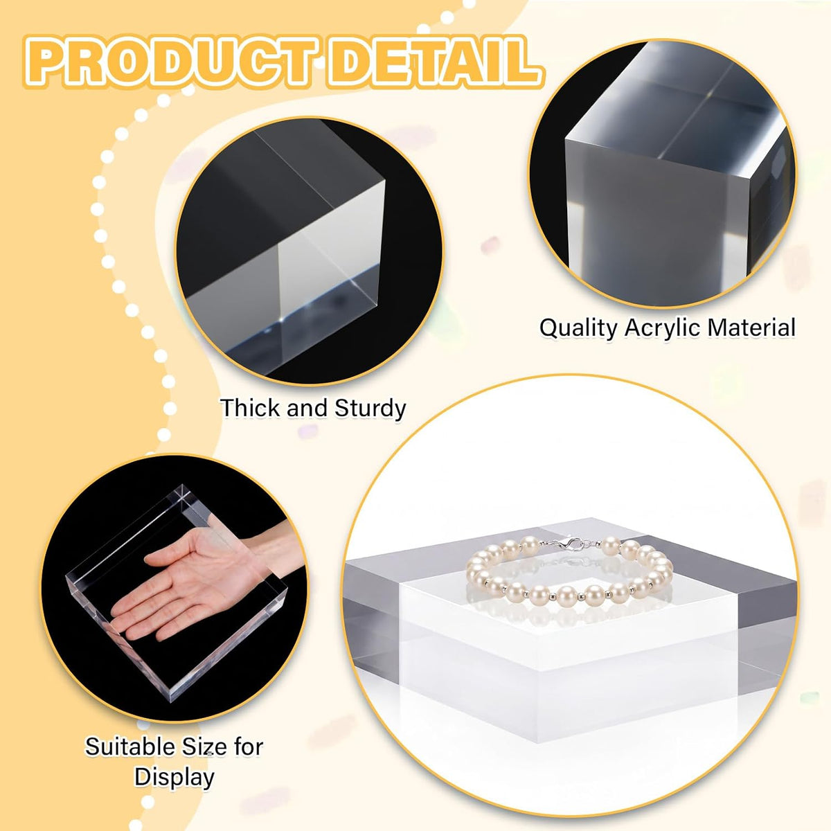 Qunclay 4 Pcs 6 x 6 x 2 Inches Acrylic Square Display Block Clear Polished Acrylic Cubes Jewelry Display Stand for
