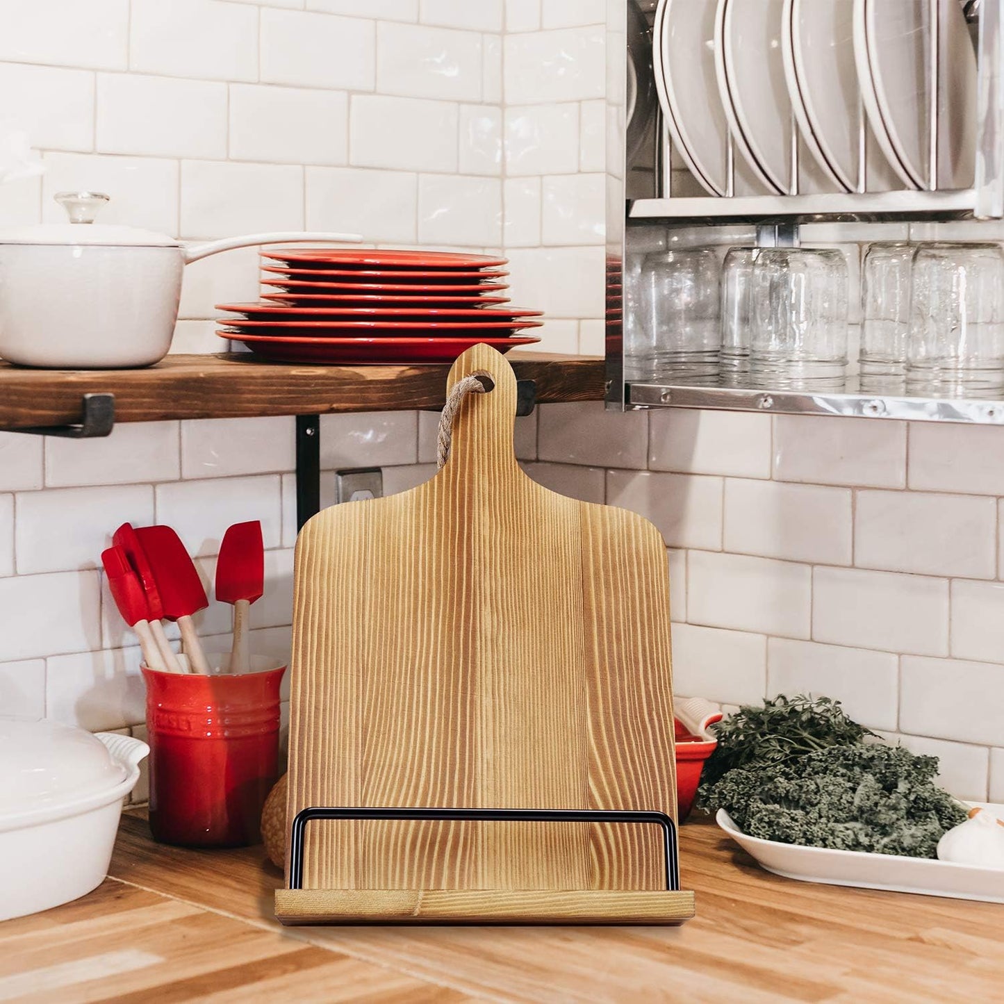 Soligt Cookbook Stand for Kitchen Counter - Brown | Adjustable iPad Tablet Recipe Book Holder Rustic Wood Cutting Board
