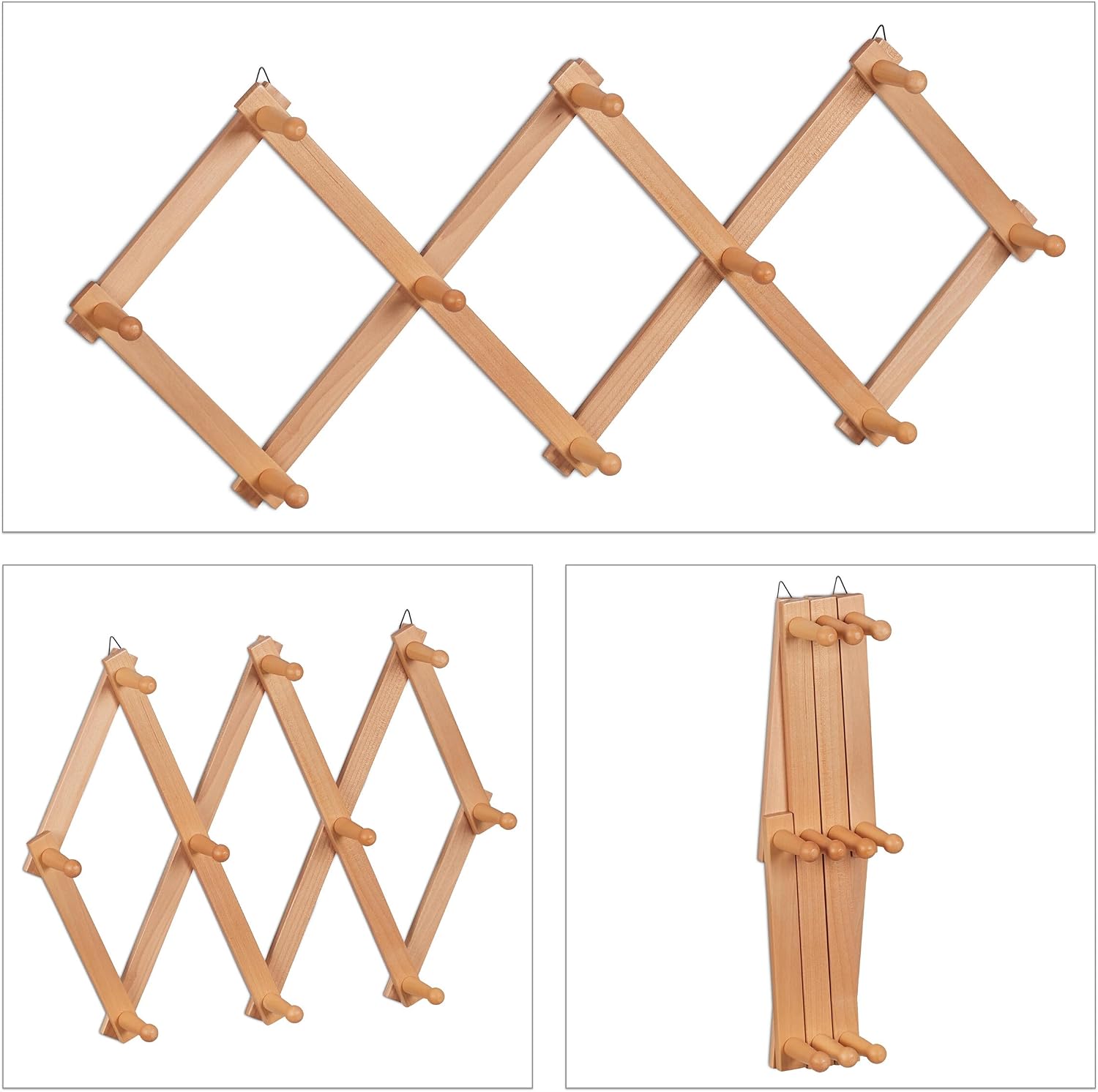 Relaxdays Wall Coat Rack, Wooden, Expandable, 10 Jacket Hooks, Hallway Outerwear Storage, 5.5 x 111 x 7.5 cm, Natural