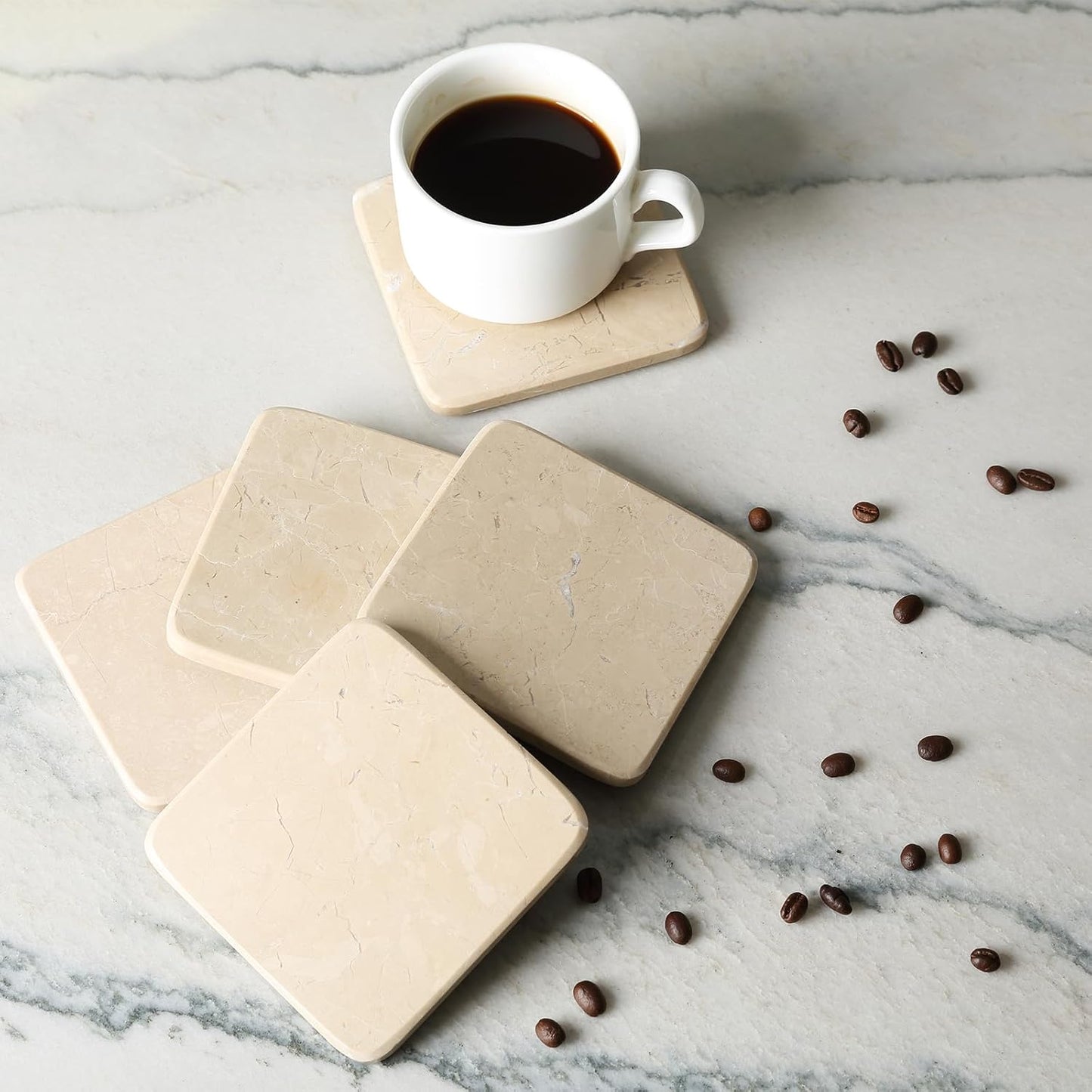 Holder / Natural Marble Coasters / Beige / Set of 6