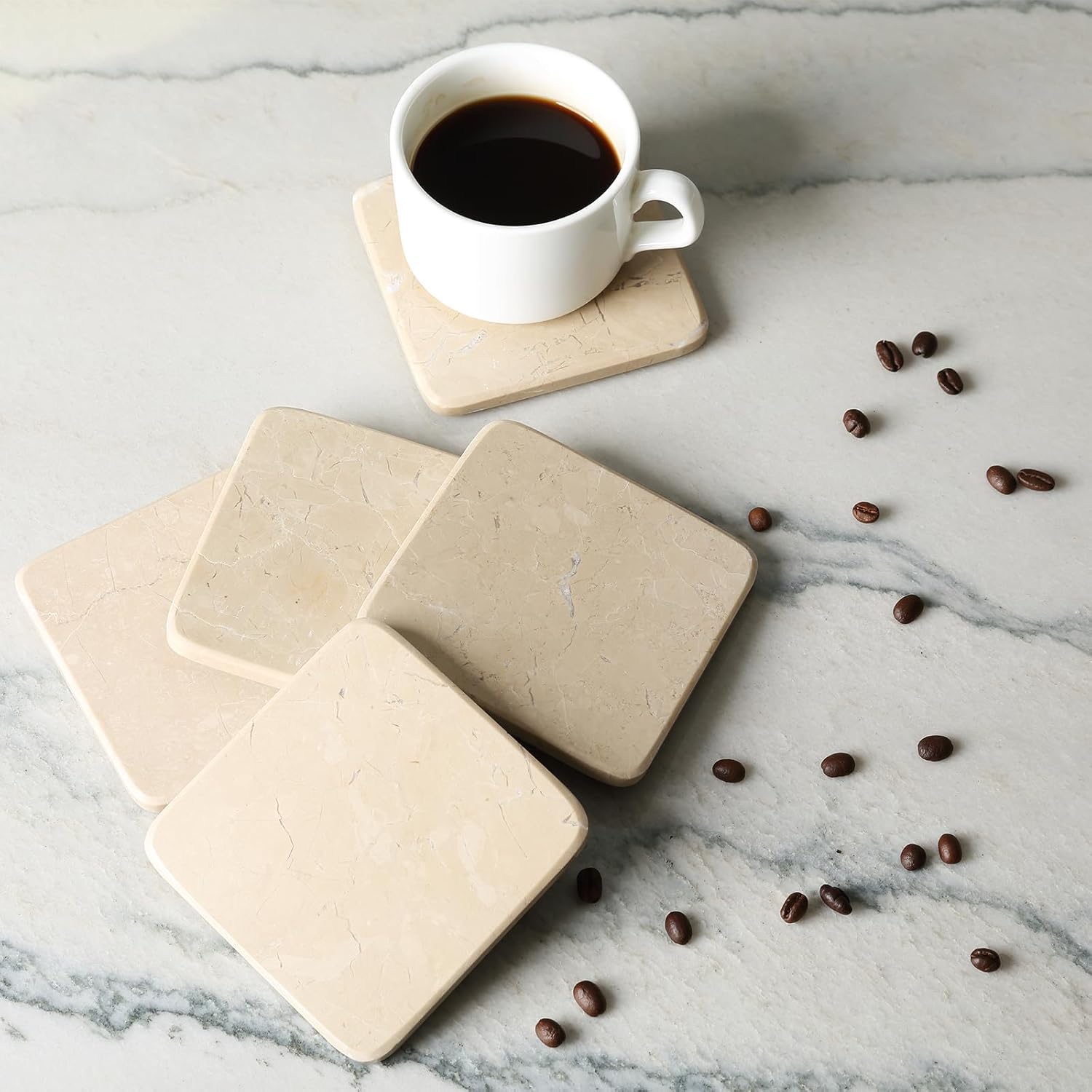 Holder / Natural Marble Coasters / Beige / Set of 6