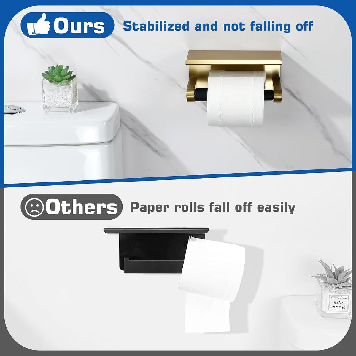 Alise Toilet Paper Holder with Shelf Wall Mount Adhesive or Screw in,Gold | SUS304 Stainless Steel Toilet Paper Roll