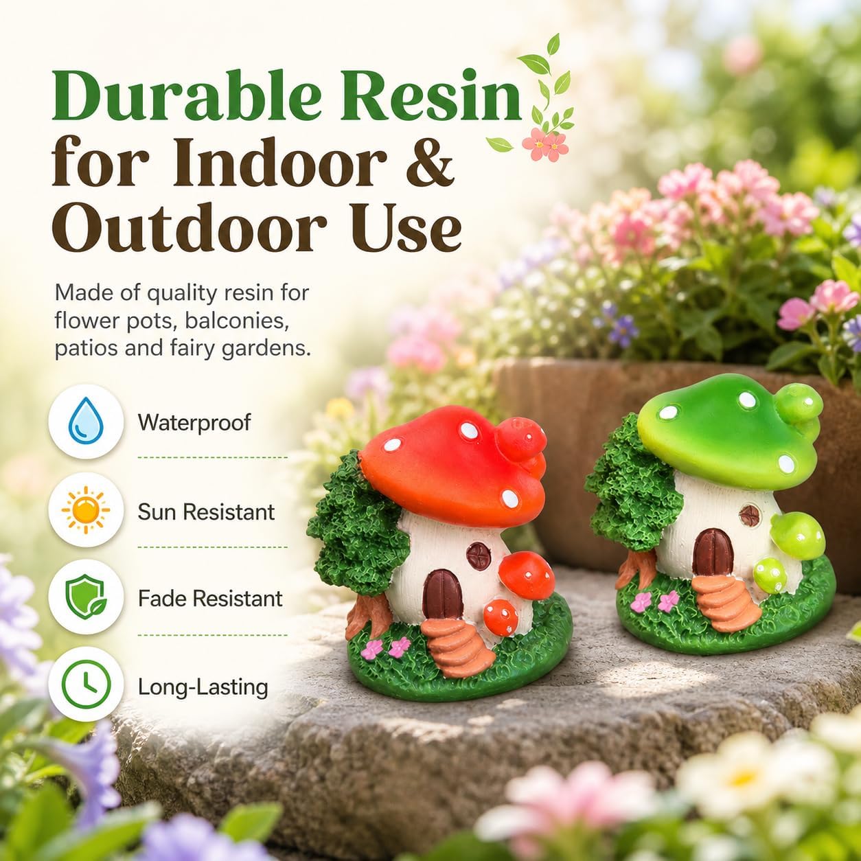 Garden Statues / Mushroom House Outdoor Garden Statues / Set of 4