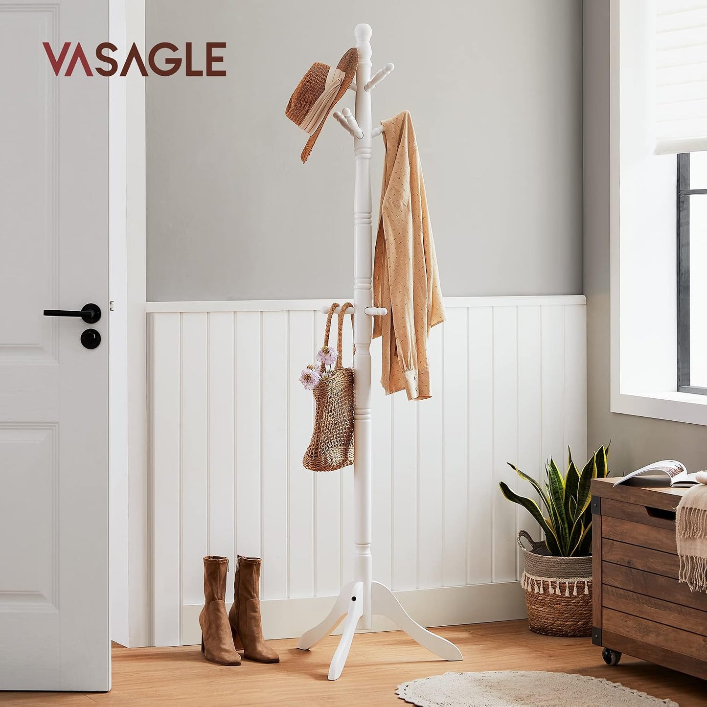 VASAGLE Solid Wood Coat Rack and Stand, Free Standing Hall Coat Tree with 10 Hooks for Hats, Bags, Purses, for