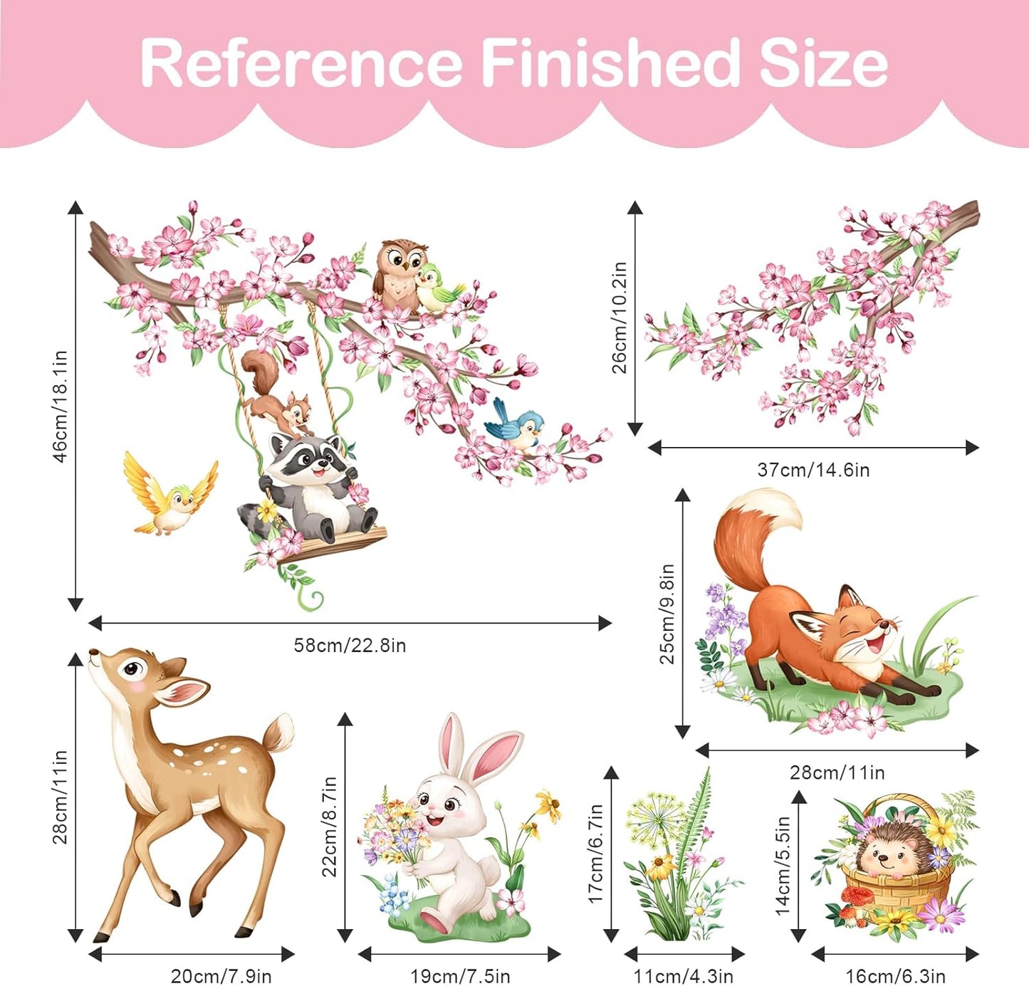 Woodland Animal Wall Decals Cherry Blossom Flower Tree Branch Deer Fox Wall Stickers for Girls Room