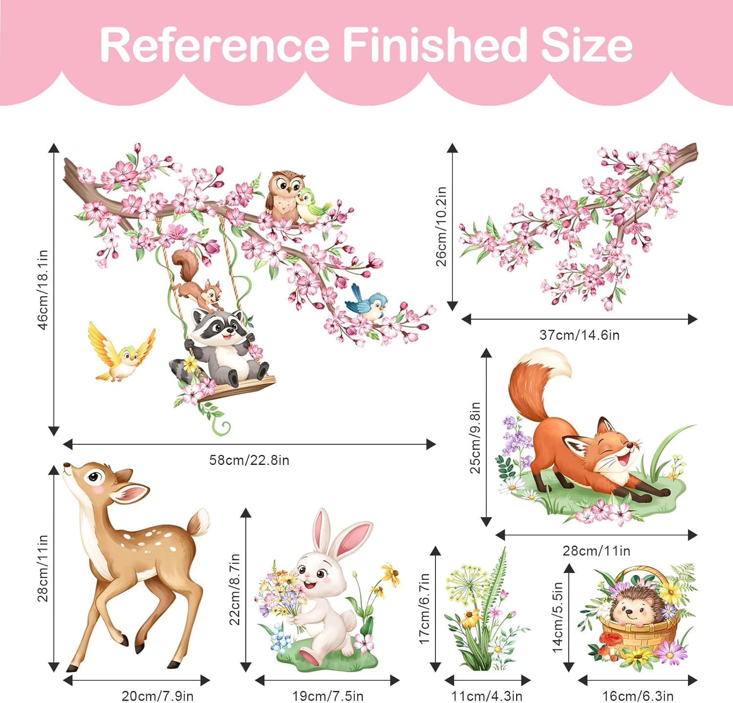 Woodland Animal Wall Decals Cherry Blossom Flower Tree Branch Deer Fox Wall Stickers for Girls Room