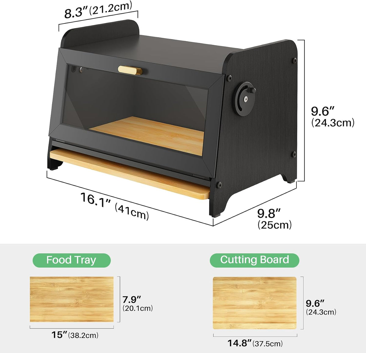 SNTD Bread Box for Kitchen Countertop, Bamboo Cutting Board, 1 Tier, Black | Adjustable Vent Hole, Airtight Design