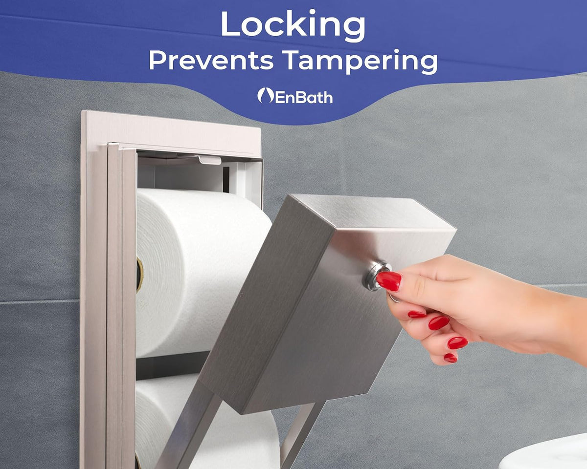 Recessed Commercial Toilet Paper Dispenser, 2 Roll Stainless Steel Toilet Paper Holder. Wall Mount, Locking Tissue
