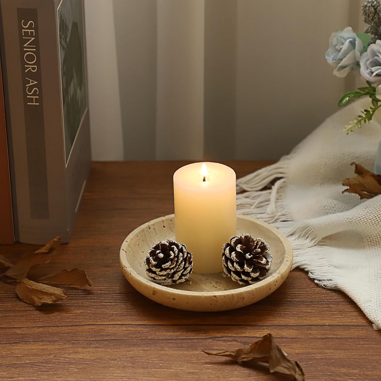 Round Decorative Ring Holder Dish Natural Travertine Stone Trinket Tray / Beige / 5.5
