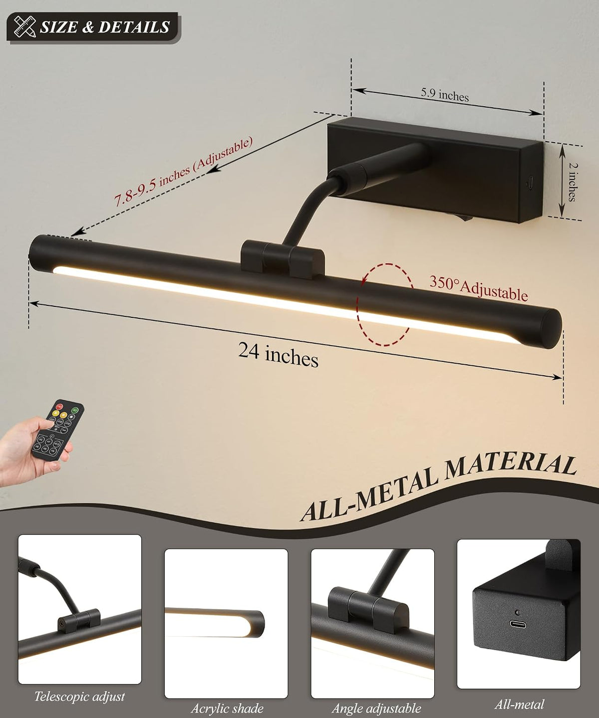 Picture Lights for Wall Battery Operated,16 Inch Black Wireless Rechargeable Art Lights for Pictures,3CCT Dimmable