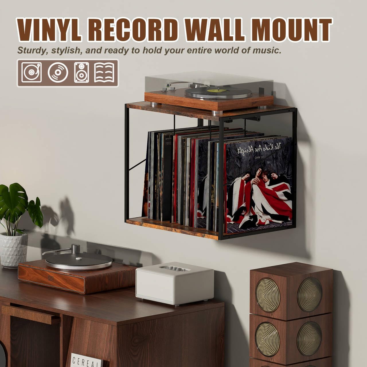 Vinyl Record Storage Holder for 80-100LPs, Vinyl Record Stand Wall Mount with Movable Divider, Solid Record Display
