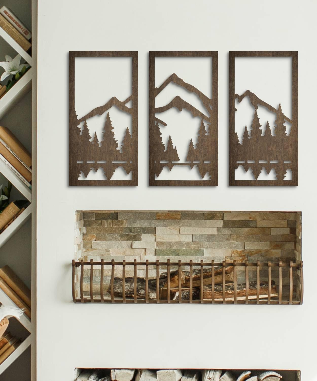 3-Piece Forest Wood Wall Art Set / Mountain / Natural