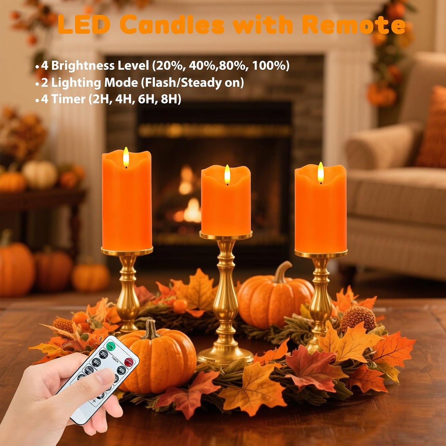 Orange Flameless Candles Set of 3, Fall Pillar Candles with Remote & Timer | Flickering Real Wax LED Candles Battery