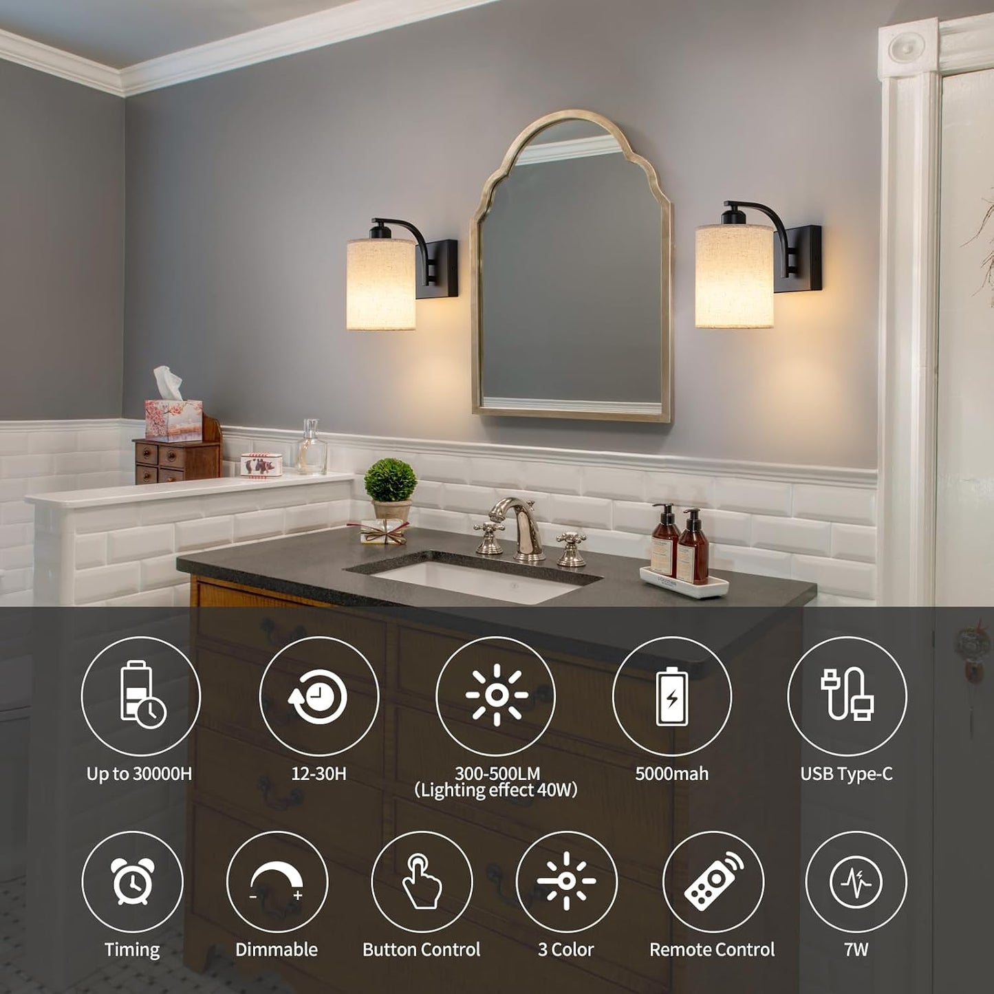 Powfloven Black Rechargeable Wall Sconces Set of 2 with Remote, Wireless Dimmable Battery Operated LED Wall Lights