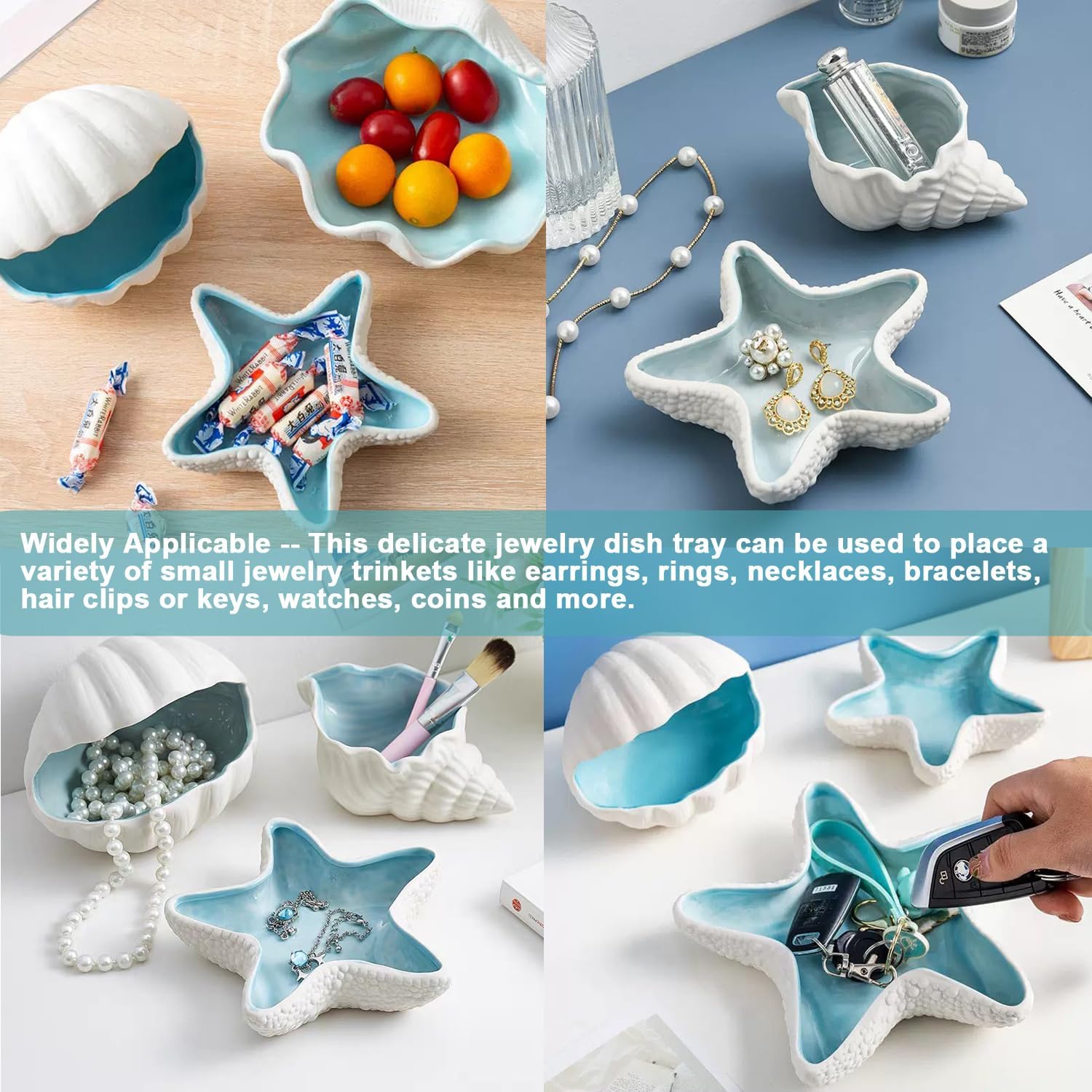 Ceramic Jewelry Tray Starfish Conch Shape Aqua Shell Trinket Plate Ceramic Conch Shell / Set of 2