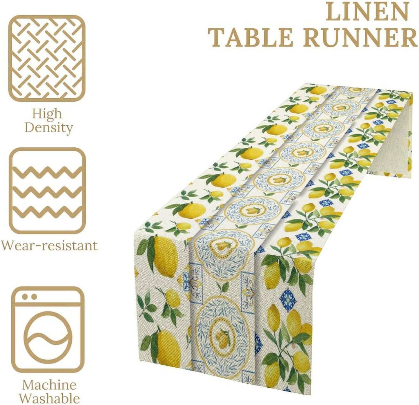 Lemon Table Runner,Summer Blue Tiles Lemons Pattern Printed Linen Table Runner for Home Kitchen Dining Table