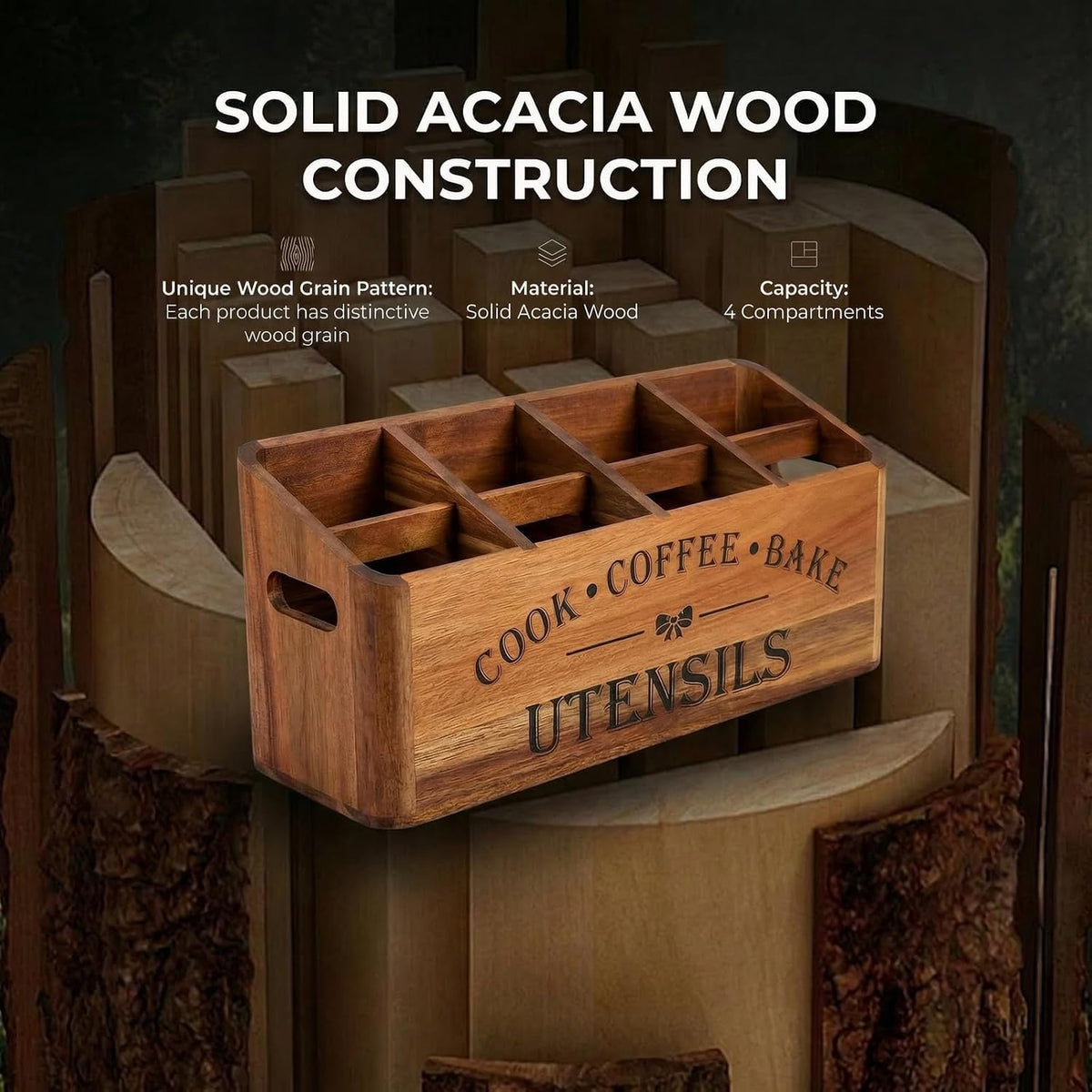 Acacia Wood Utensil Holder, 4 Compartments, Countertop or Wall | Extra-large acacia wood holder with ventilation holes