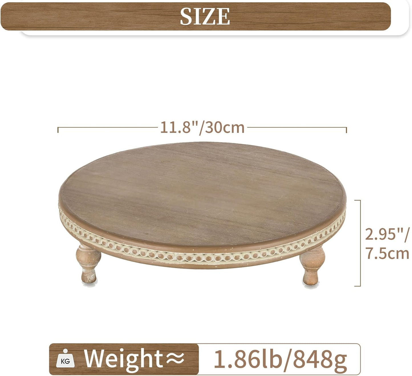 Beaded Vintage Wood Pedestal Risers Farmhouse Circle Display Holder for Coffee / Brown
