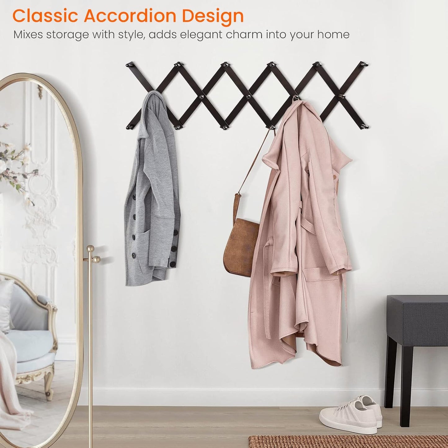 Accordion Wall Hanger, Hat Hangers Wall Mounted, Wood Accordian Coat Rack with 17 Hooks, Expandable Peg Rack Wall