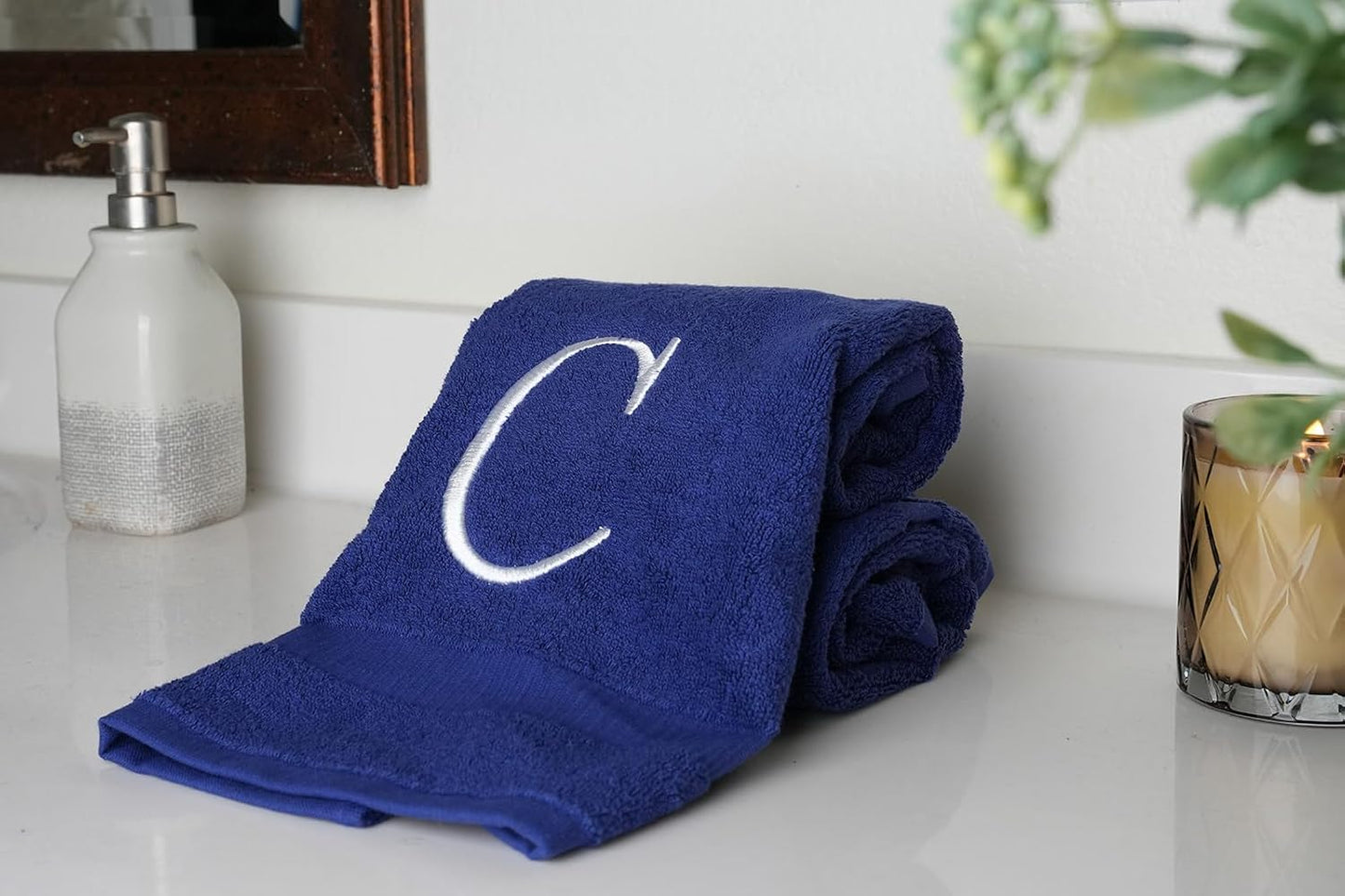 Navy with White Monogrammed Hand Towels for Bathroom - Set of 2 Letter C | Luxury Hotel Quality Initial Towels For