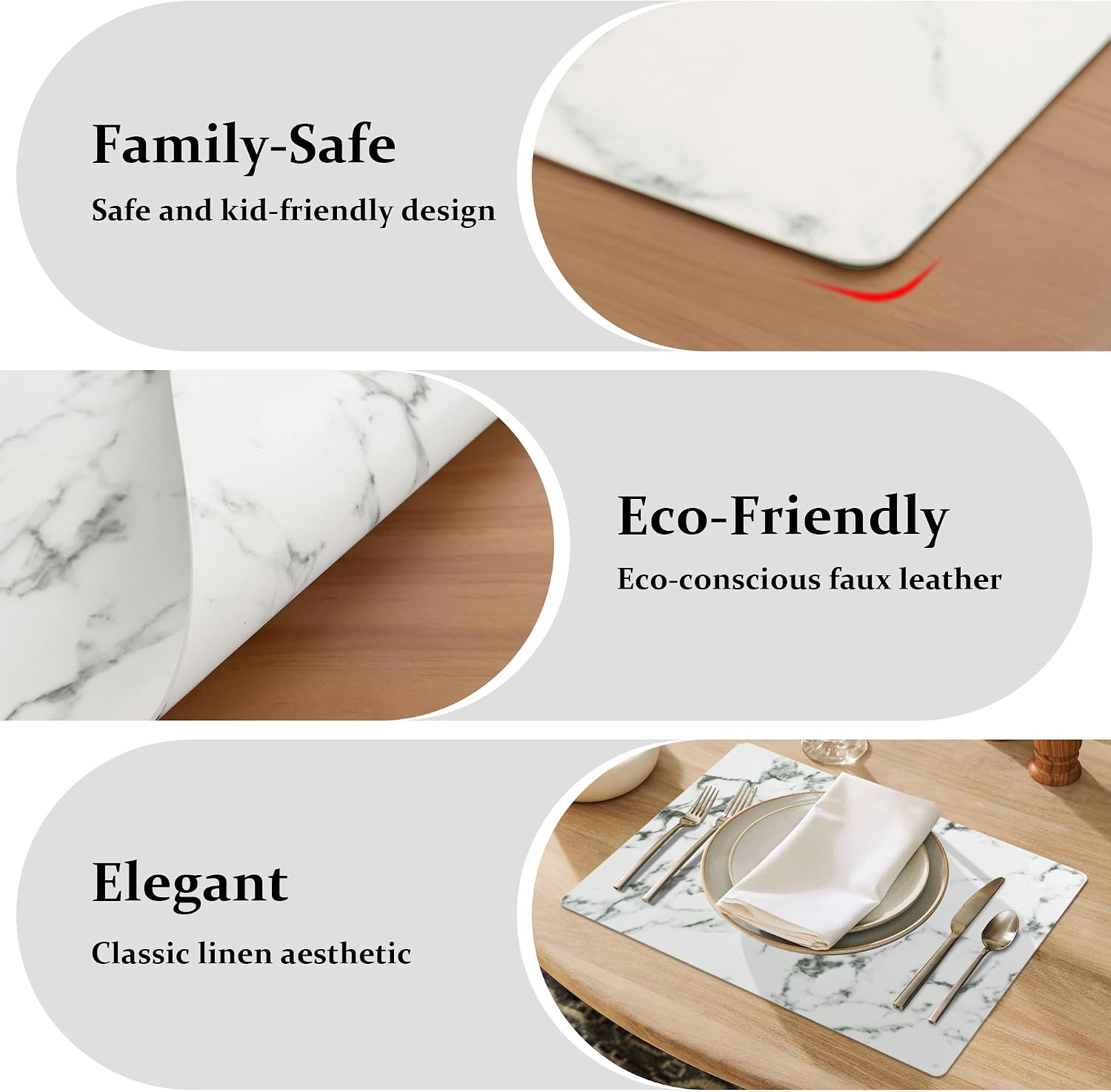 FROMHEART Faux Leather PU Placemats Set of 8 (Marble,11.8" x 17") | Waterproof,Heat/Oil Stain-Resistant Table