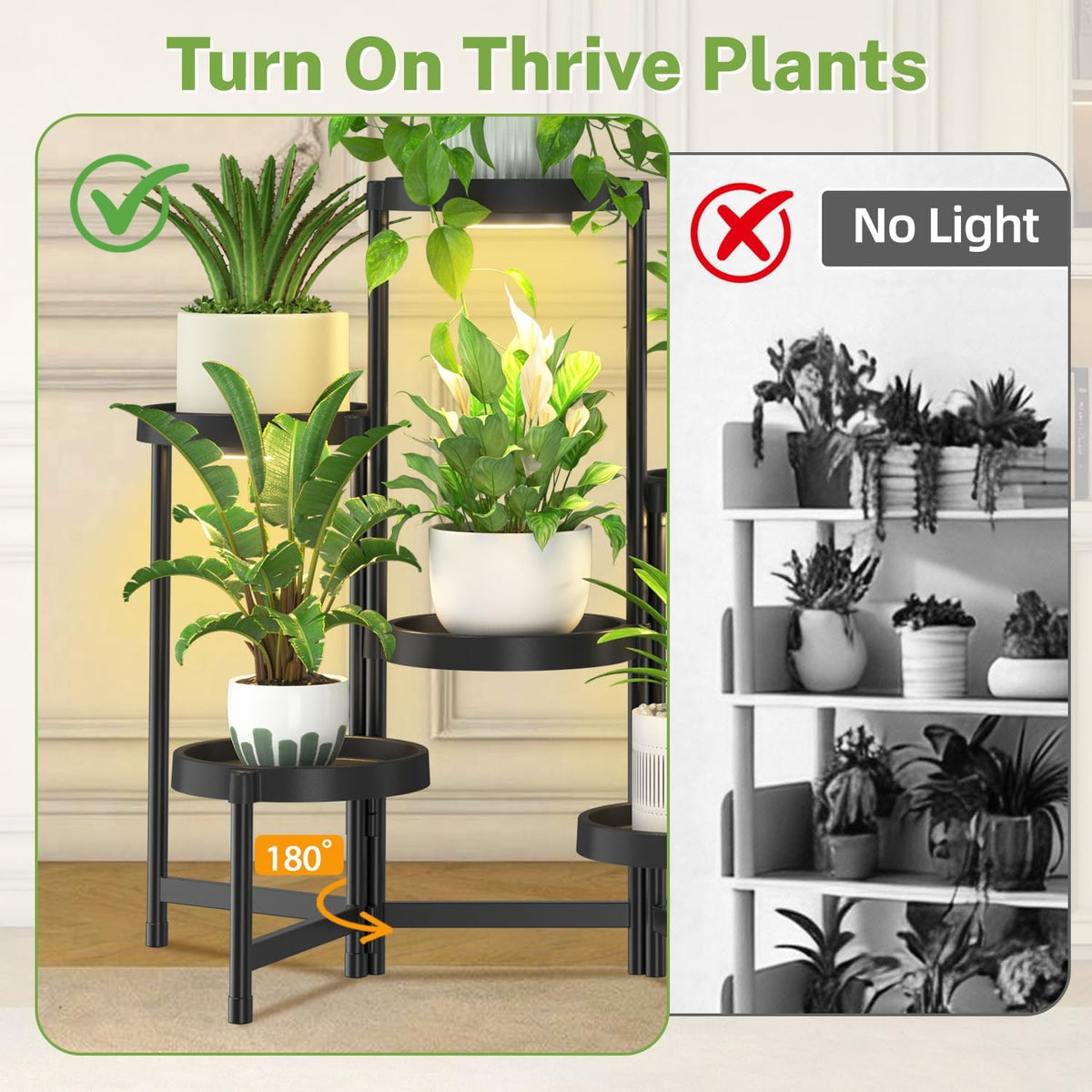 iDavosic.ly 6 Tier Folding Plastic Plant Stand Indoor, Grow Light, Black | Space Saving Tiered Corner Storage Display