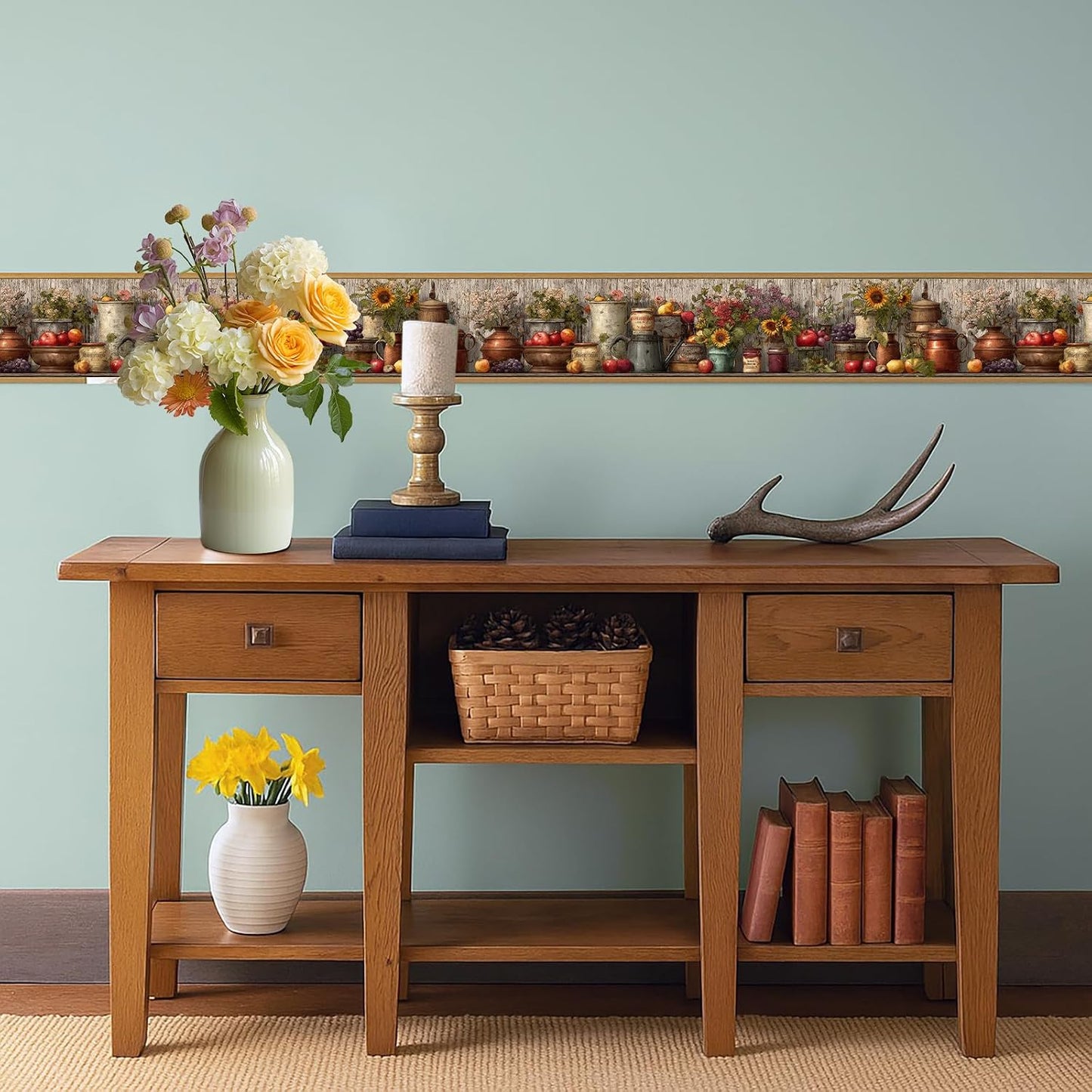 Wall Border Peel and Stick Rustic Fall Pumpkin Sunflower Mason Jar Wallpaper / Harvest Jar / 196 x 4