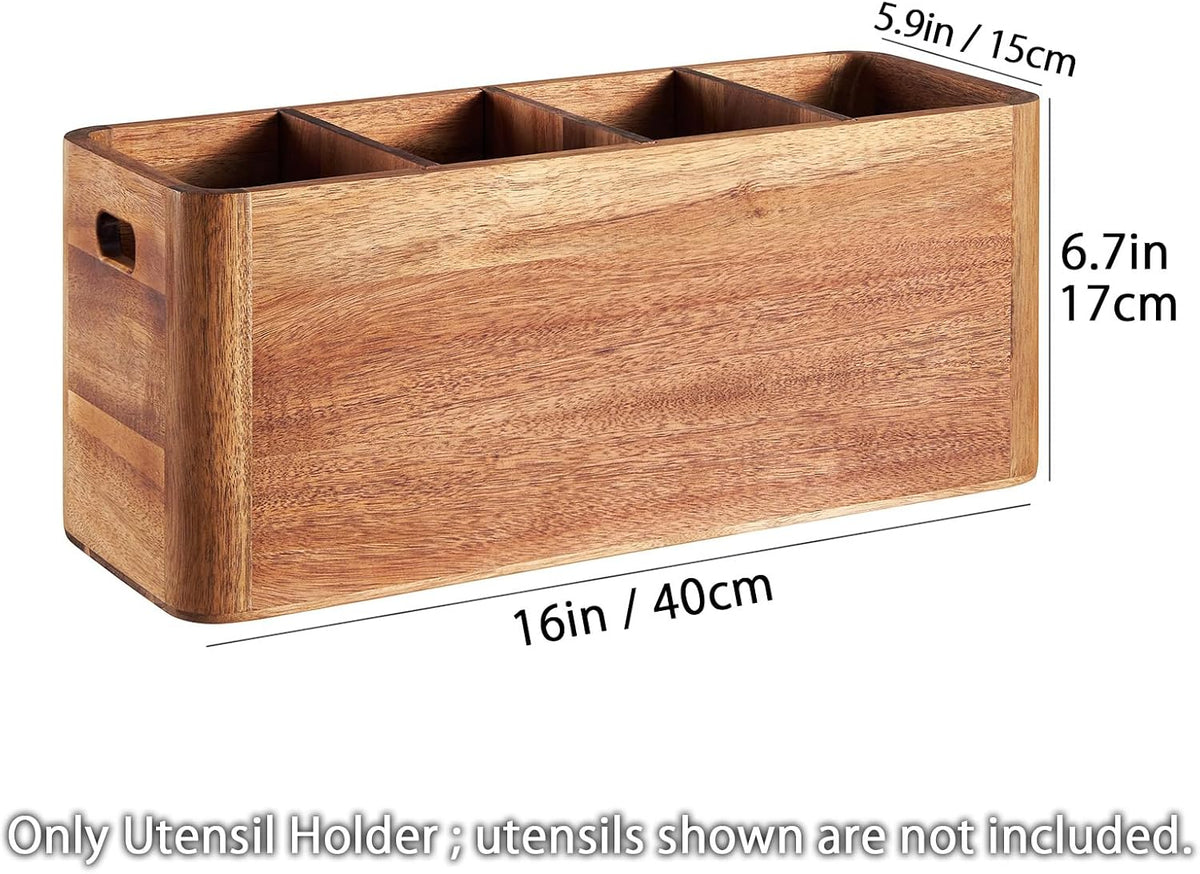 16" Wooden Kitchen Utensil Holder, Extra Large Acacia Wood Organizer for Cooking Tools, Utensils & Cutlery Storage –