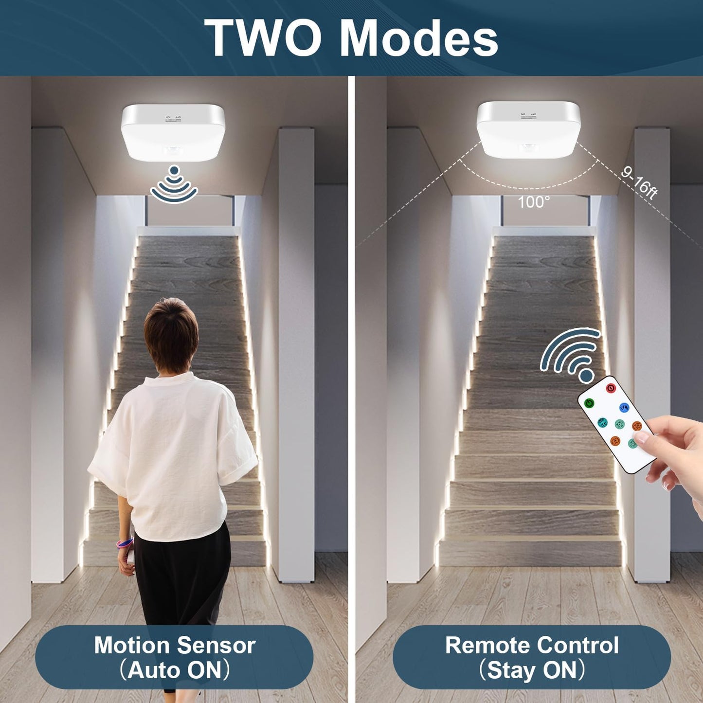 Rechargeable Motion Sensor Ceiling Light with Remote, Wireless, 3000K-6000K | Battery Operated, Motion Activated