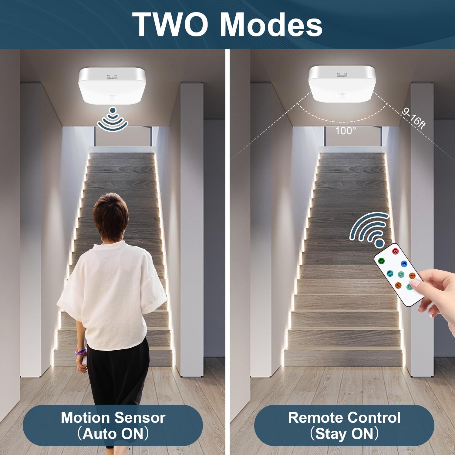 Rechargeable Motion Sensor Ceiling Light with Remote, Wireless, 3000K-6000K | Battery Operated, Motion Activated