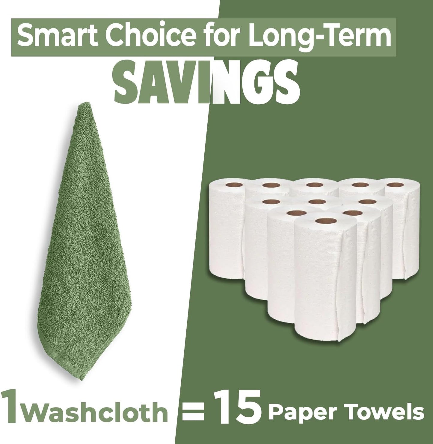 DAN RIVER 24 Pack Cotton Wash Cloths Set for Showering [12x12] Sage Green | Lighter Weight, Quick to Dry, Super Soft &
